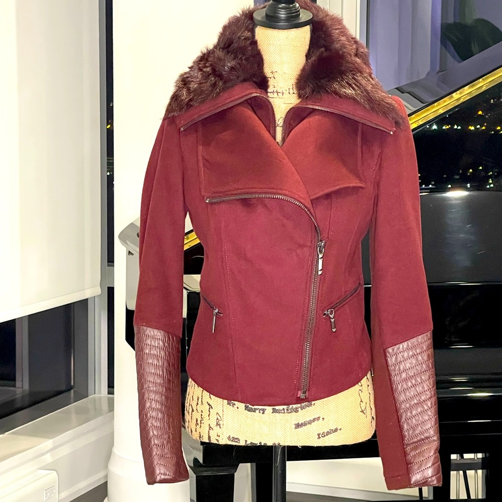BGBG burgundy cropped coat, leather & fur trim